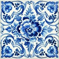 retro vintage ornamentado enfeite telha envidraçado Português mosaico padronizar floral azul quadrado arte foto