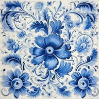 retro vintage ornamentado enfeite telha envidraçado Português mosaico padronizar floral azul quadrado arte foto