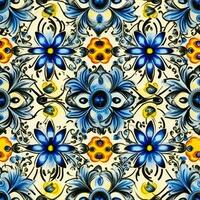 retro vintage ornamentado enfeite telha envidraçado eslavo russo mosaico padronizar floral azul quadrado arte foto