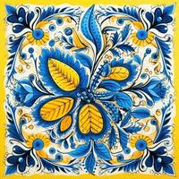 retro vintage ornamentado enfeite telha envidraçado eslavo russo mosaico padronizar floral azul quadrado arte foto