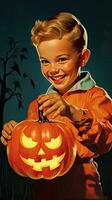 vintage retro crianças livro cartão postal ilustração Década de 1950 assustador dia das Bruxas traje sorrir bruxa foto