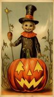 espantalho bicho-papão vintage retro livro cartão postal ilustração Década de 1950 assustador dia das Bruxas traje bruxa foto