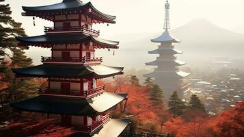 Japão zen panorama panorama Visão fotografia sakura flores pagode Paz silêncio torre parede foto