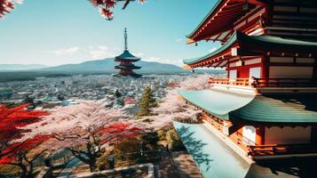 Japão zen panorama panorama Visão fotografia sakura flores pagode Paz silêncio torre parede foto