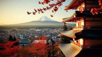 Japão zen panorama panorama Visão fotografia sakura flores pagode Paz silêncio torre parede foto