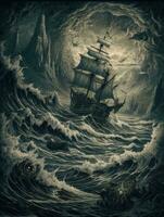 navio mar onda épico Sombrio fantasia ilustração arte assustador detalhado poster óleo pintura apocalipse foto