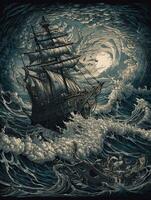 navio mar onda épico Sombrio fantasia ilustração arte assustador detalhado poster óleo pintura apocalipse foto