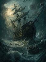 navio mar onda épico Sombrio fantasia ilustração arte assustador detalhado poster óleo pintura apocalipse foto