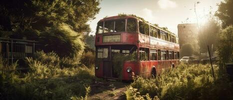 vermelho ônibus Duplo decker Londres postar apocalipse panorama jogos papel de parede foto arte ilustração ferrugem