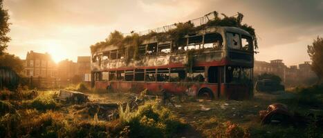 vermelho ônibus Duplo decker Londres postar apocalipse panorama jogos papel de parede foto arte ilustração ferrugem