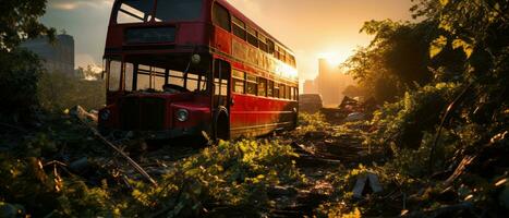 vermelho ônibus Duplo decker Londres postar apocalipse panorama jogos papel de parede foto arte ilustração ferrugem