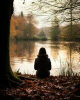 Aumentar meditação silêncio reflexão descansar lago panorama silêncio foto zen relaxamento solitário mulher