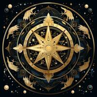 dourado místico cosmos bússola planeta tarot cartão constelação navegação zodíaco ilustração foto