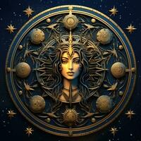 mulher face místico cosmos bússola planeta tarot cartão constelação navegação zodíaco ilustração foto