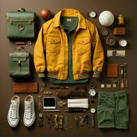 turista viajante vintage knolling plano lays voga foto à moda roupas moda coleção conjunto