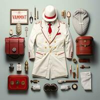 médico médico vintage knolling plano lays voga foto salão à moda roupas moda coleção conjunto