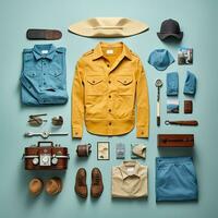 turista viajante vintage knolling plano lays voga foto à moda roupas moda coleção conjunto