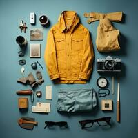 fotógrafo vintage knolling plano lays voga foto salão à moda roupas moda coleção conjunto