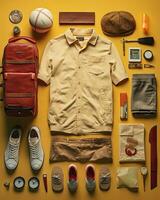 turista viajante vintage knolling plano lays voga foto à moda roupas moda coleção conjunto