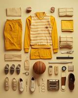 esporte basquetebol vintage knolling plano lays voga foto salão à moda roupas coleção conjunto