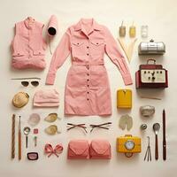 mulher menina vintage knolling plano lays voga foto salão à moda roupas moda coleção conjunto