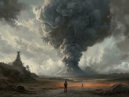 vulcão explosão fogo fumaça panorama cidade místico poster estrangeiro steampunk papel de parede fantástico foto