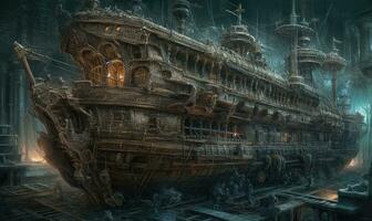 navio mar oceano velho pirata panorama cidade místico poster estrangeiro steampunk papel de parede fantástico foto