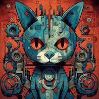 gato retrato grande olhos engrenagens abstrato ilustração tatuagem industrial poster arte geométrico vetor steampunk foto