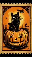 Preto gato chapéu fofa postagem carimbo retro vintage Década de 1930 dia das bruxas abóbora ilustração Varredura poster foto