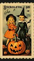 crianças crianças fofa postagem carimbo retro vintage Década de 1930 dia das bruxas abóbora ilustração Varredura poster foto