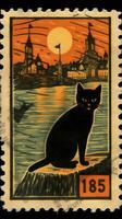 Preto gato chapéu fofa postagem carimbo retro vintage Década de 1930 dia das bruxas abóbora ilustração Varredura poster foto