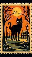 Preto gato chapéu fofa postagem carimbo retro vintage Década de 1930 dia das bruxas abóbora ilustração Varredura poster foto