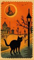 Preto gato chapéu fofa postagem carimbo retro vintage Década de 1930 dia das bruxas abóbora ilustração Varredura poster foto