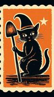 Preto gato chapéu fofa postagem carimbo retro vintage Década de 1930 dia das bruxas abóbora ilustração Varredura poster foto