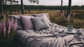 cama dentro a campo relaxamento travesseiro colcha flores Lugar, colocar Sonhe suave cobrir foto quarto ar zen