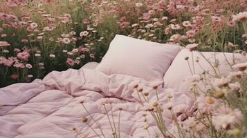 cama dentro a campo relaxamento travesseiro colcha flores Lugar, colocar Sonhe suave cobrir foto quarto ar zen