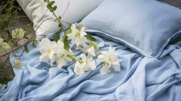 cama dentro a campo relaxamento travesseiro colcha flores Lugar, colocar Sonhe suave cobrir foto quarto ar zen