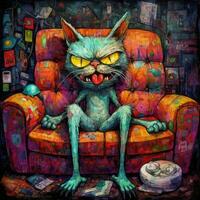 louco gato gatinha furioso louco retrato expressivo ilustração obra de arte óleo pintado esboço tatuagem foto