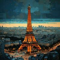 eiffel torre Paris mão desenhar pintura obra de arte gráfico óleo panorama índigo laranja poster cenário foto