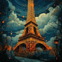eiffel torre Paris mão desenhar pintura obra de arte gráfico óleo panorama índigo laranja poster cenário foto