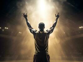 basquetebol jogador a comemorar dentro a estádio. conceito do ganhador, sucesso, vitória. ai gerado foto