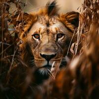 leão rei escondido predador fotografia Relva nacional geográfico estilo 35mm documentário papel de parede foto