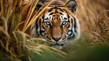 tigre escondido predador fotografia Relva nacional geográfico estilo 35mm documentário papel de parede foto