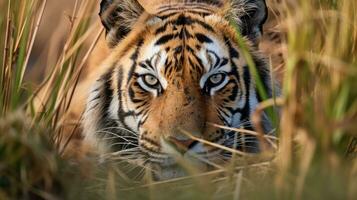 tigre escondido predador fotografia Relva nacional geográfico estilo 35mm documentário papel de parede foto