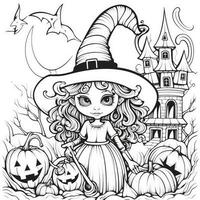 bruxa menina simples crianças coloração página dia das Bruxas fofa branco fundo livro isolado negrito assustador foto