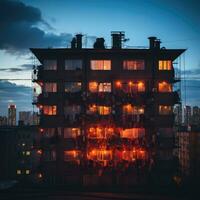 sombrio soviético edifícios Rússia depressivo conforto papel de parede Smartphone foto fachada noite luzes