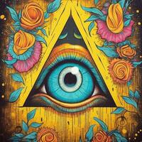 surreal abstrato olho triângulo pirâmide Magia pedreiro tatuagem amarelo ilustração obra de arte poster foto