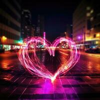 coração iluminado luz pintura congelar foto grandes exposição Rosa rua cidade néon romântico