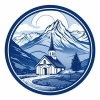 casa moinho crachá emblema logotipo vetor plano rótulo ícone silhueta azul montanhas clipart foto