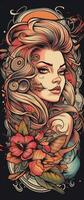 tatuagem Projeto mulher menina flores retro estilo ilustração clipart poster esboço glamour gráfico foto